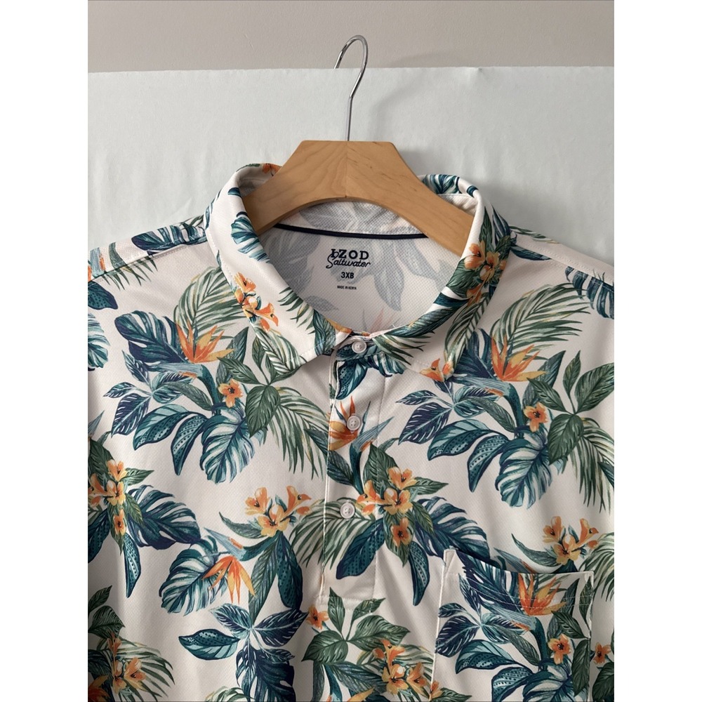 IZOD Saltwater Mens 3XB Big Tall Floral Print Short Sleeve Sun Shield Polo Shirt
